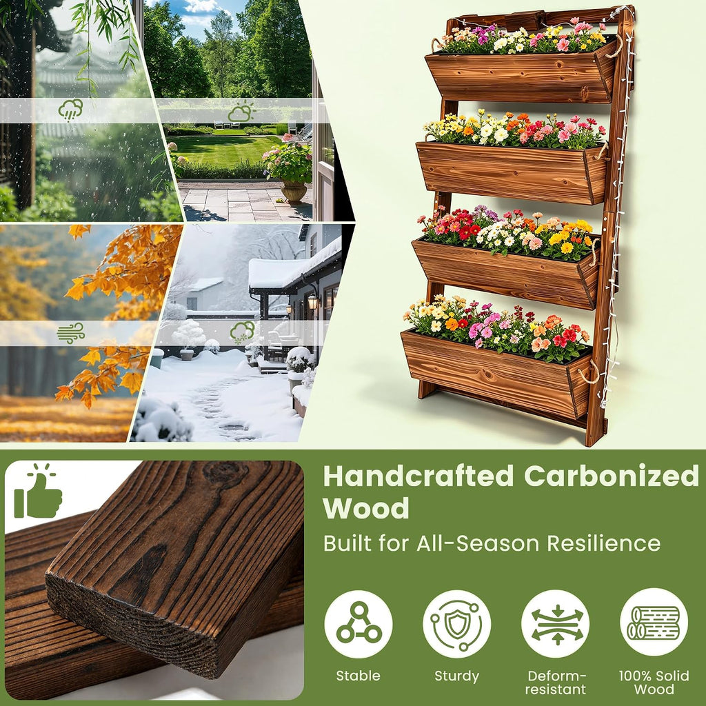 51" 4-Tier Vertical Garden Planter with LED Lights | Wooden Raised Garden Bed for Outdoor Herbs & Flowers, Wall-Leaning