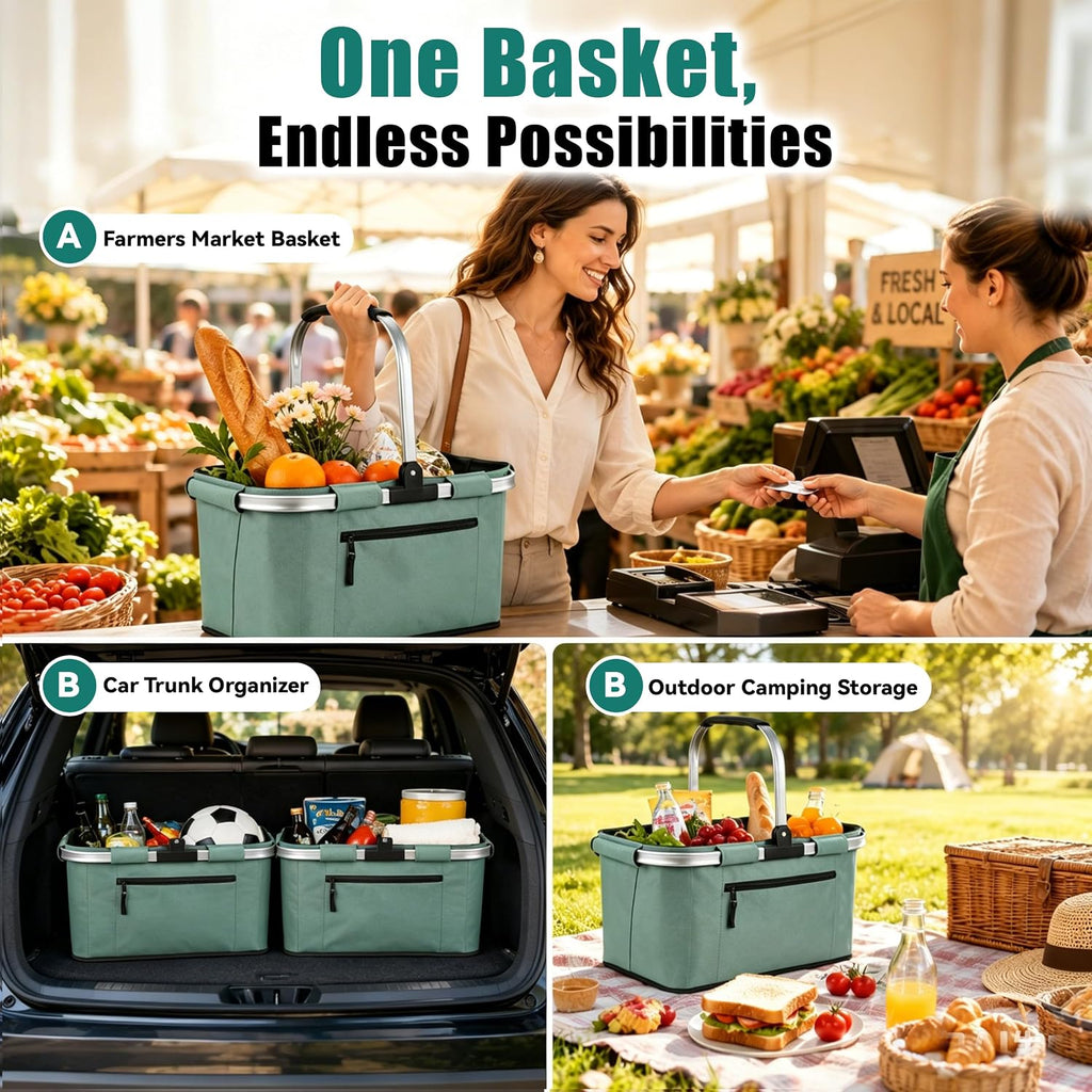 Picnic Basket, SIYUAN Shopping Basket with Handle 22L Collapsible Grocery Basket Portable Folding Basket for Marketing