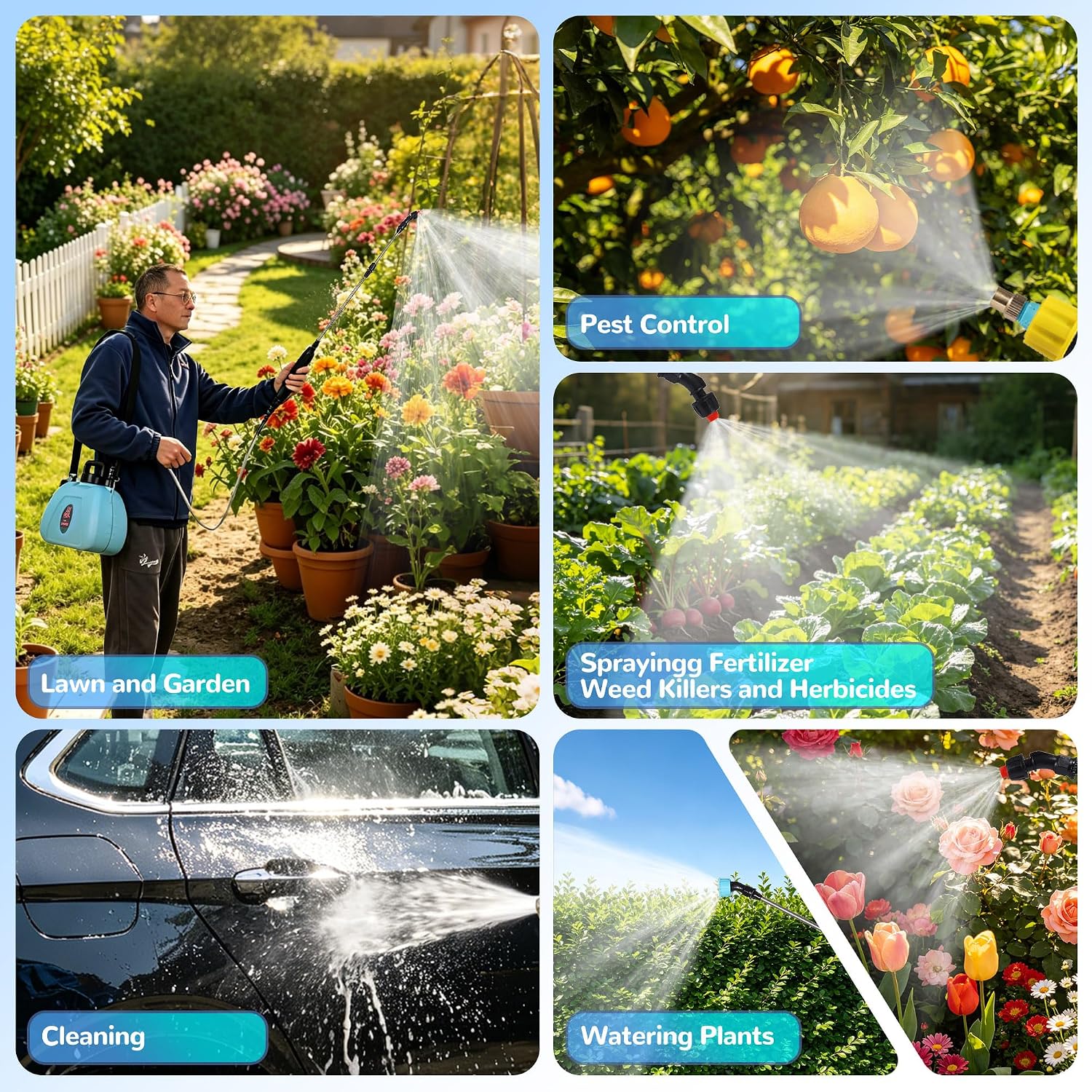 POSENPRO Battery Powered Sprayer 2 Gallon, Electric Garden Sprayer with 3 Mist Nozzles, Backpack Sprayer with