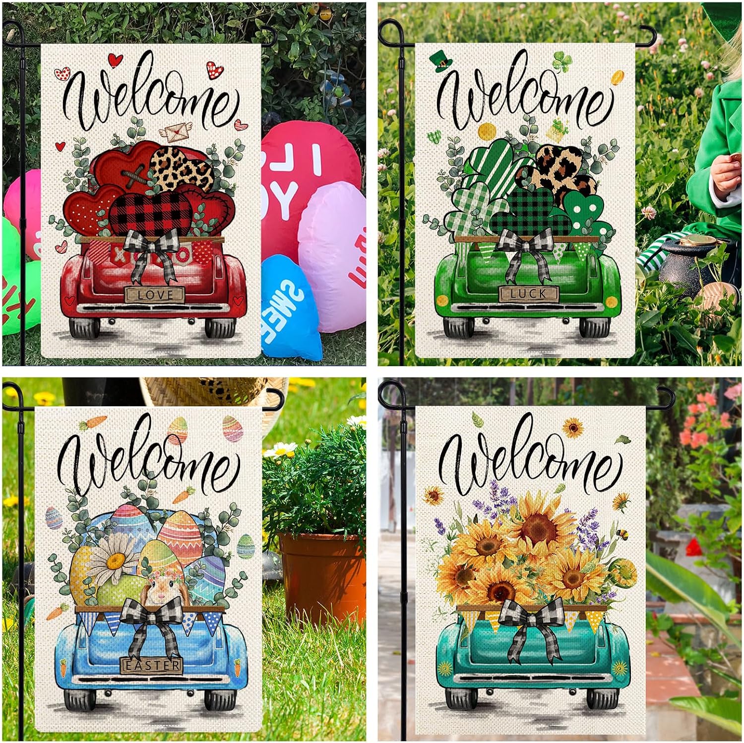 Rustic Truck Garden Flags for Outside Set of 12, Car Welcome Seasonal Garden Flags 12x18 Double Sided for All Seasons