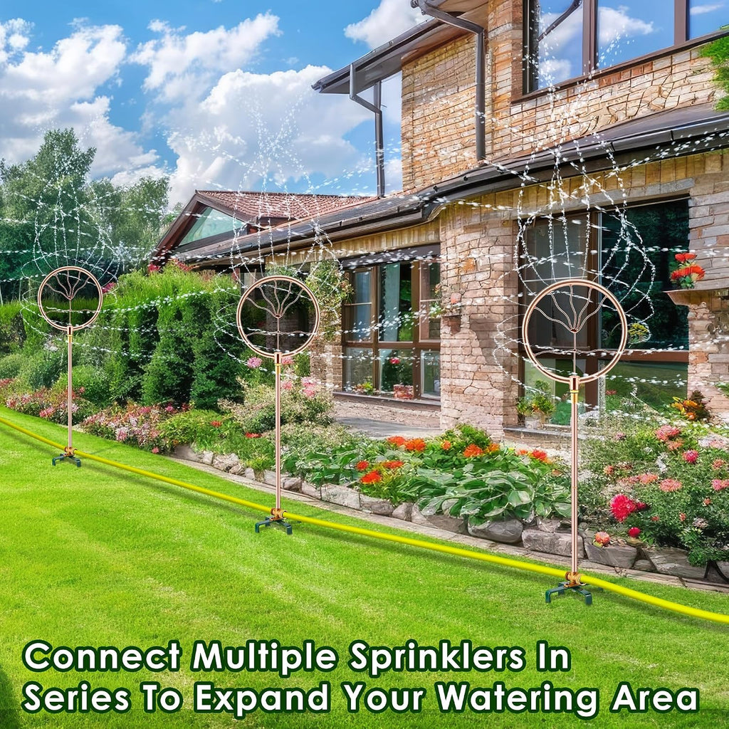34" Ornamental Sprinkler, 360° Rotating, Wave Fan | Copper coated stainless steel, fits 3/4 in hose, 4-point stake