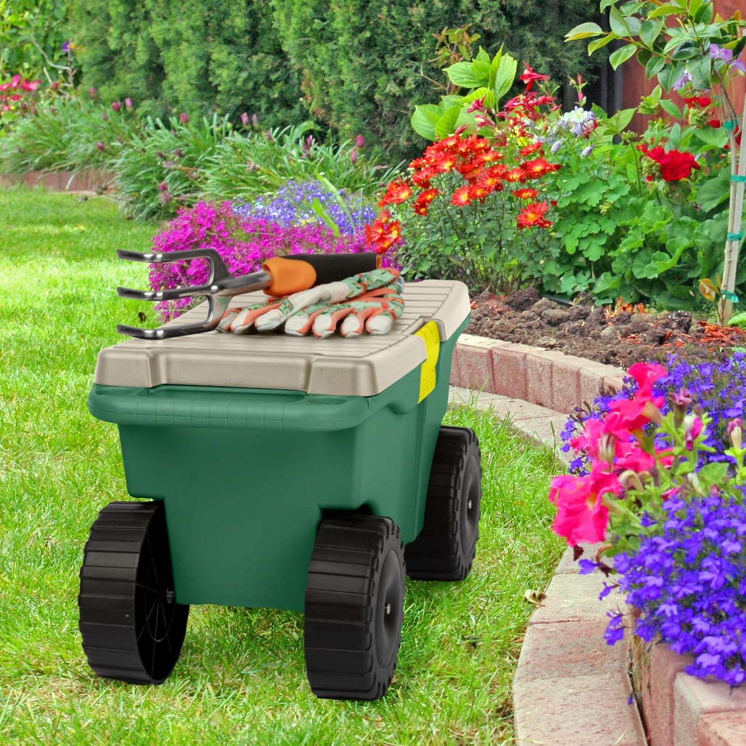 Rolling Garden Cart with Seat - Plastic Storage with Bench and Interior Tool Tray - Gardening Stool for Weeding and