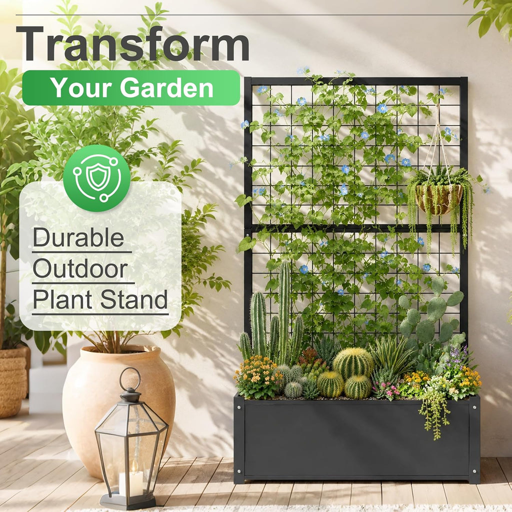 Garden Bed with Trellis Outdoor, Metal, 59in Tall | Metal Frame, 59in Tall Trellis for Climbing Plants, 12in Deep