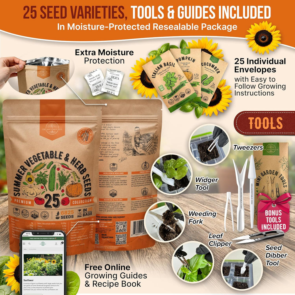 25 Summer Vegetable & Herb Garden Seeds Variety Pack - 6,820+ Non-GMO Heirloom Veggie & Herb Seeds for Outdoors &