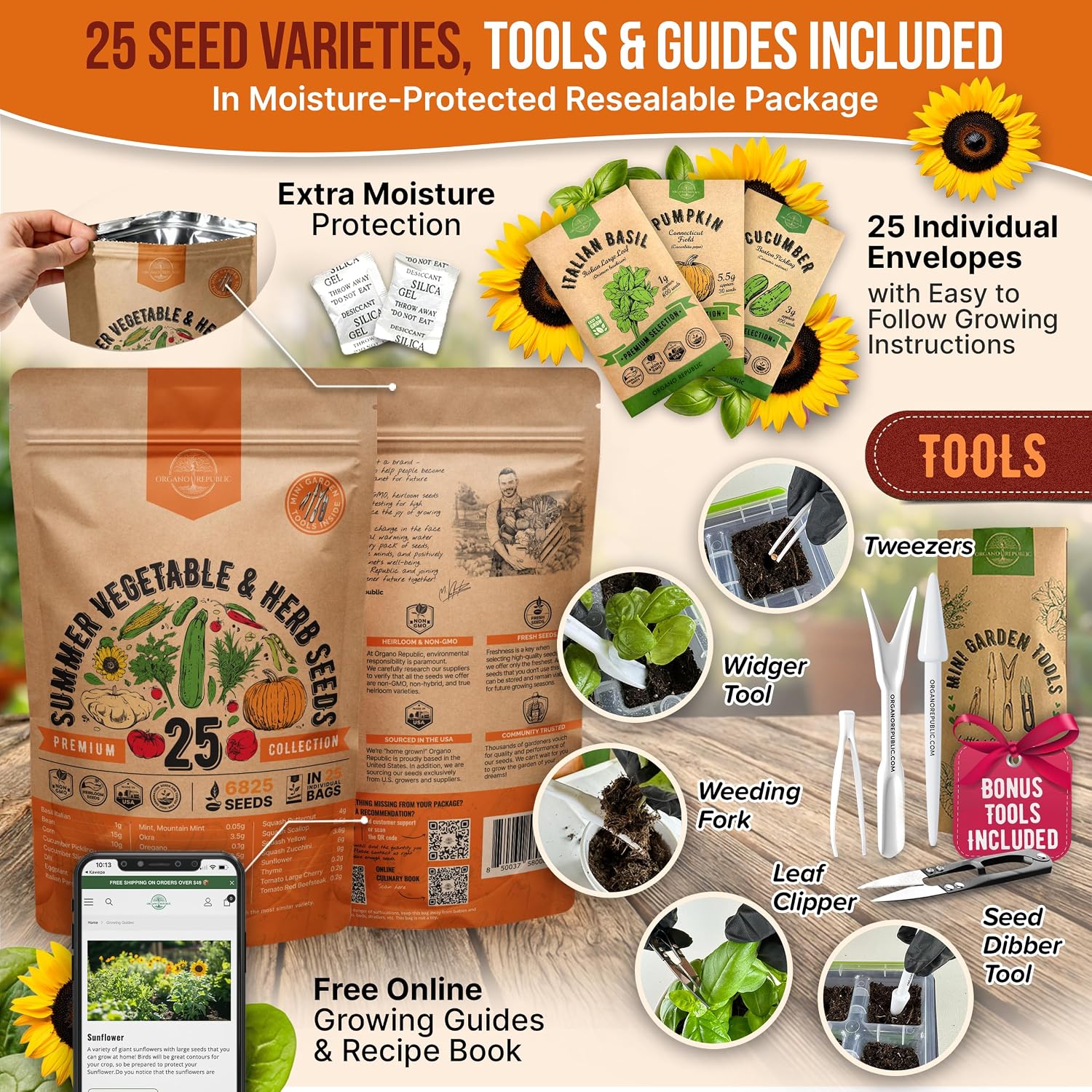 25 Summer Vegetable & Herb Garden Seeds Variety Pack - 6,820+ Non-GMO Heirloom Veggie & Herb Seeds for Outdoors &