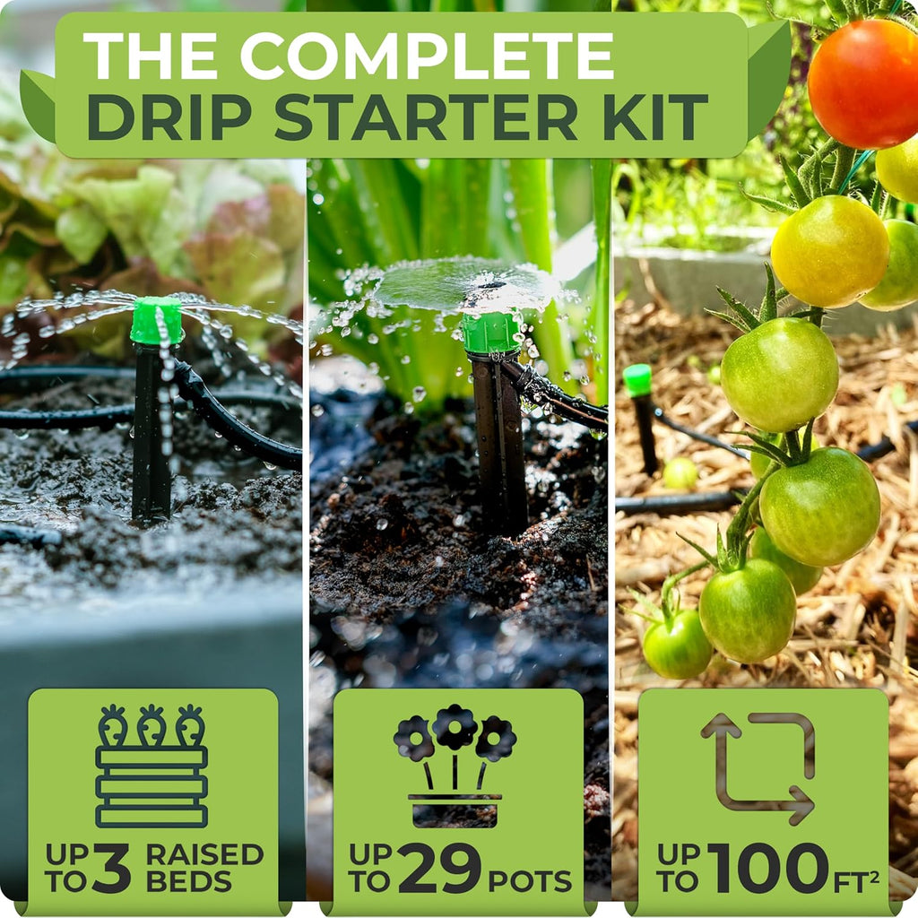 Drip Irrigation System Kit for Garden Watering, Sprinkler, 100 ft | For Garden, Yard, Raised Beds, Plants, Lawn, with