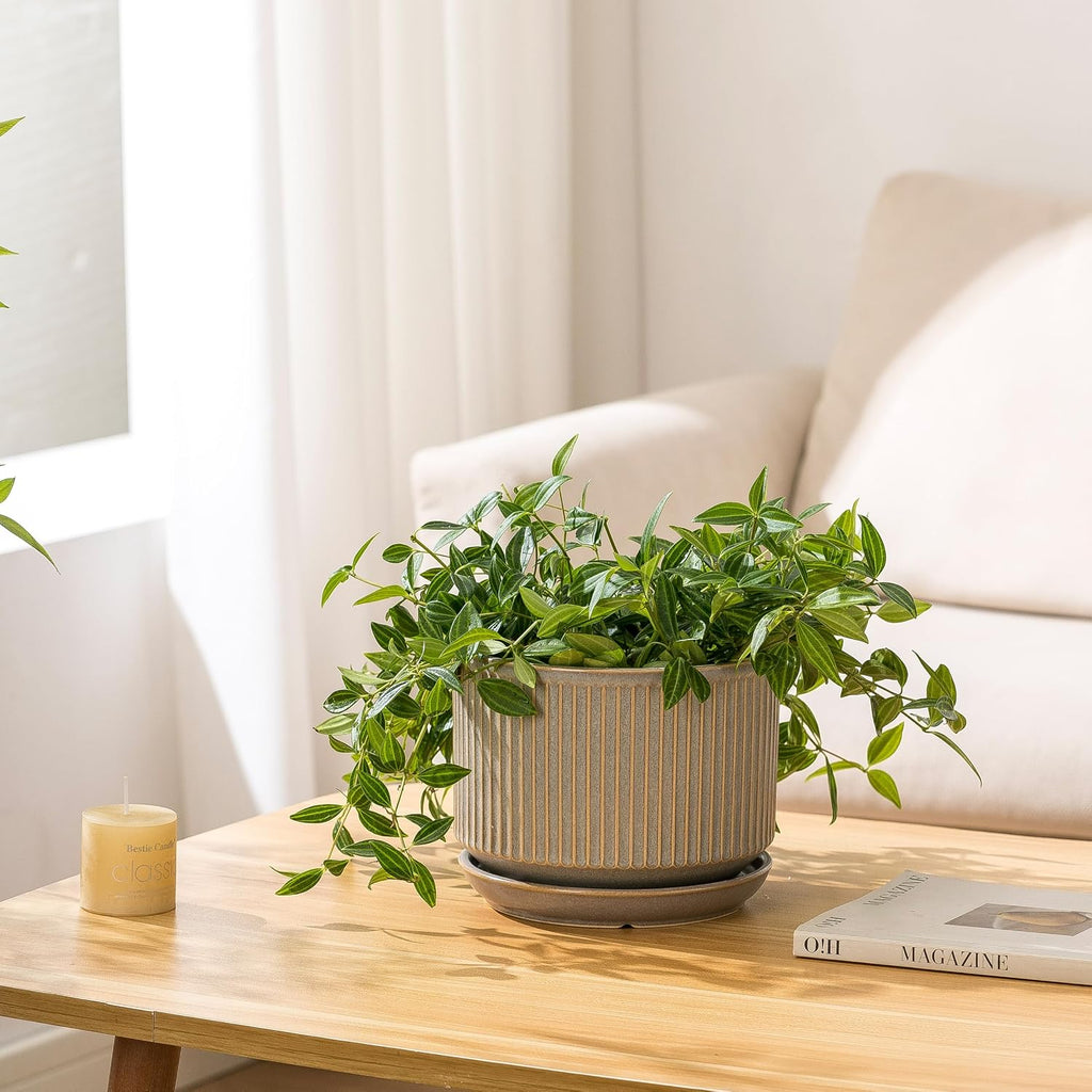 SURE YUESI Ceramic Plant Pots Set of 3, Indoor Outdoor Planters with Drainage Hole and Saucer, Ceramic Flower Pots for