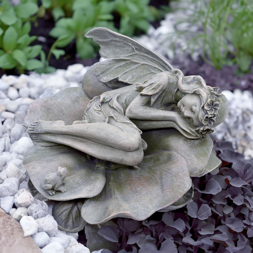 Garden Fairy Statue,Garden Sleeping Angel on Lotus Leaf with Bird Feeder Feature Outdoor Decor Sculptures Figurine