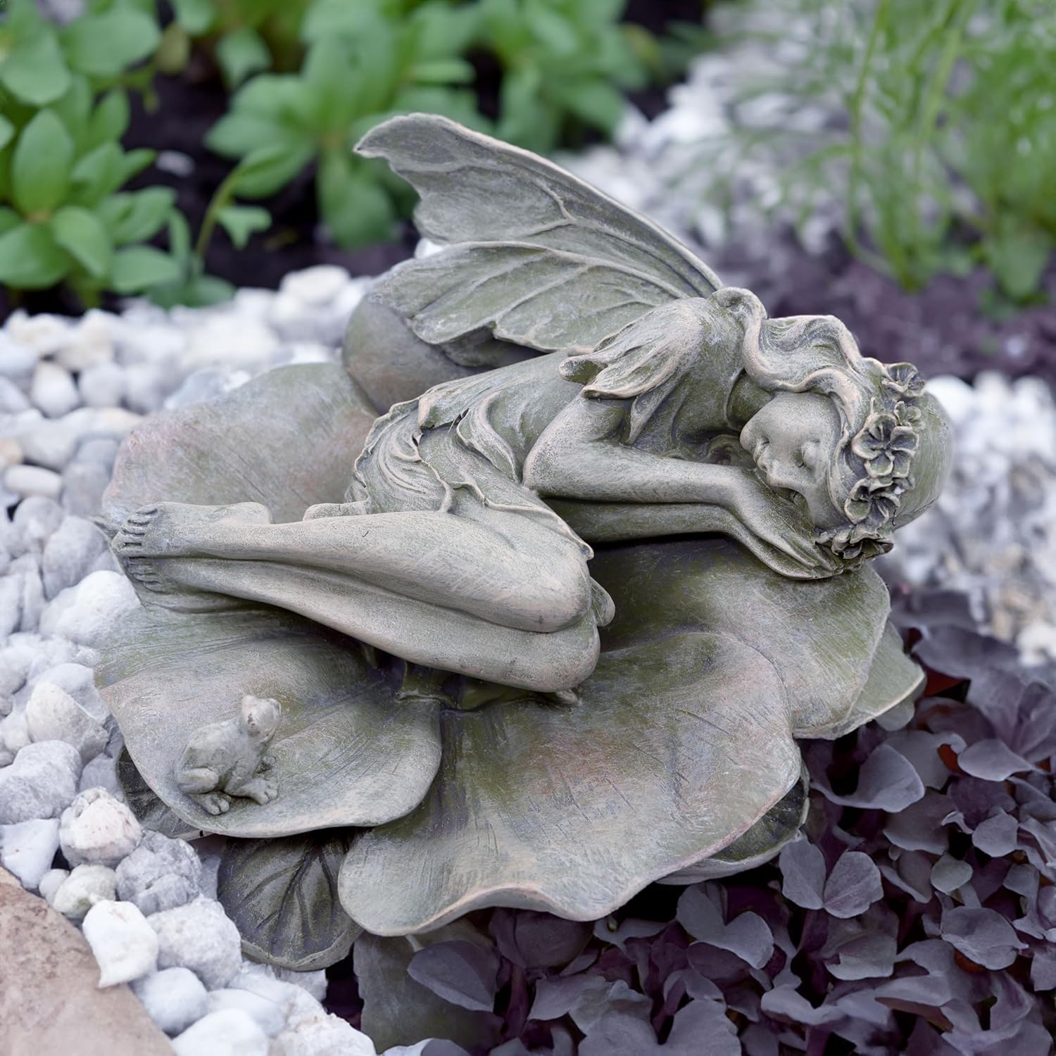 Garden Fairy Statue,Garden Sleeping Angel on Lotus Leaf with Bird Feeder Feature Outdoor Decor Sculptures Figurine