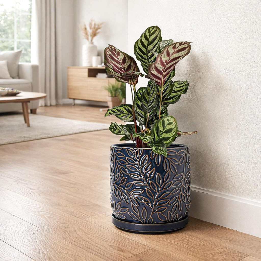 D'vine Dev Embossed Leaves Ceramic Planter, 8 in, Midnight Blue, 27-A-Q-3 | Nature-Inspired Leaf Pattern, Handcrafted