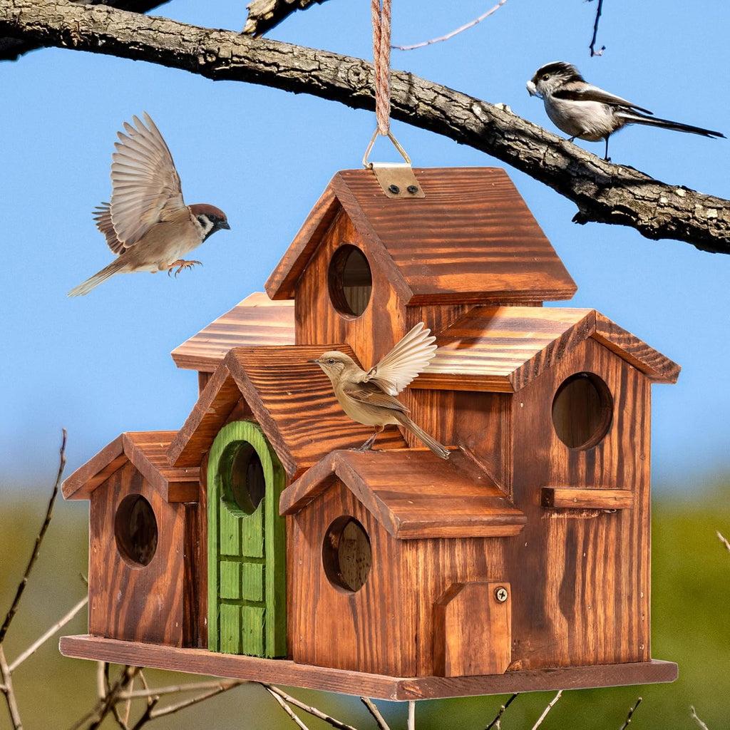 MIXUMON Bird House Outdoor, 6-Room Wooden Birdhouse for Outdoors & Outside, Carbonized Pine Wood Bird Houses with 1.57”