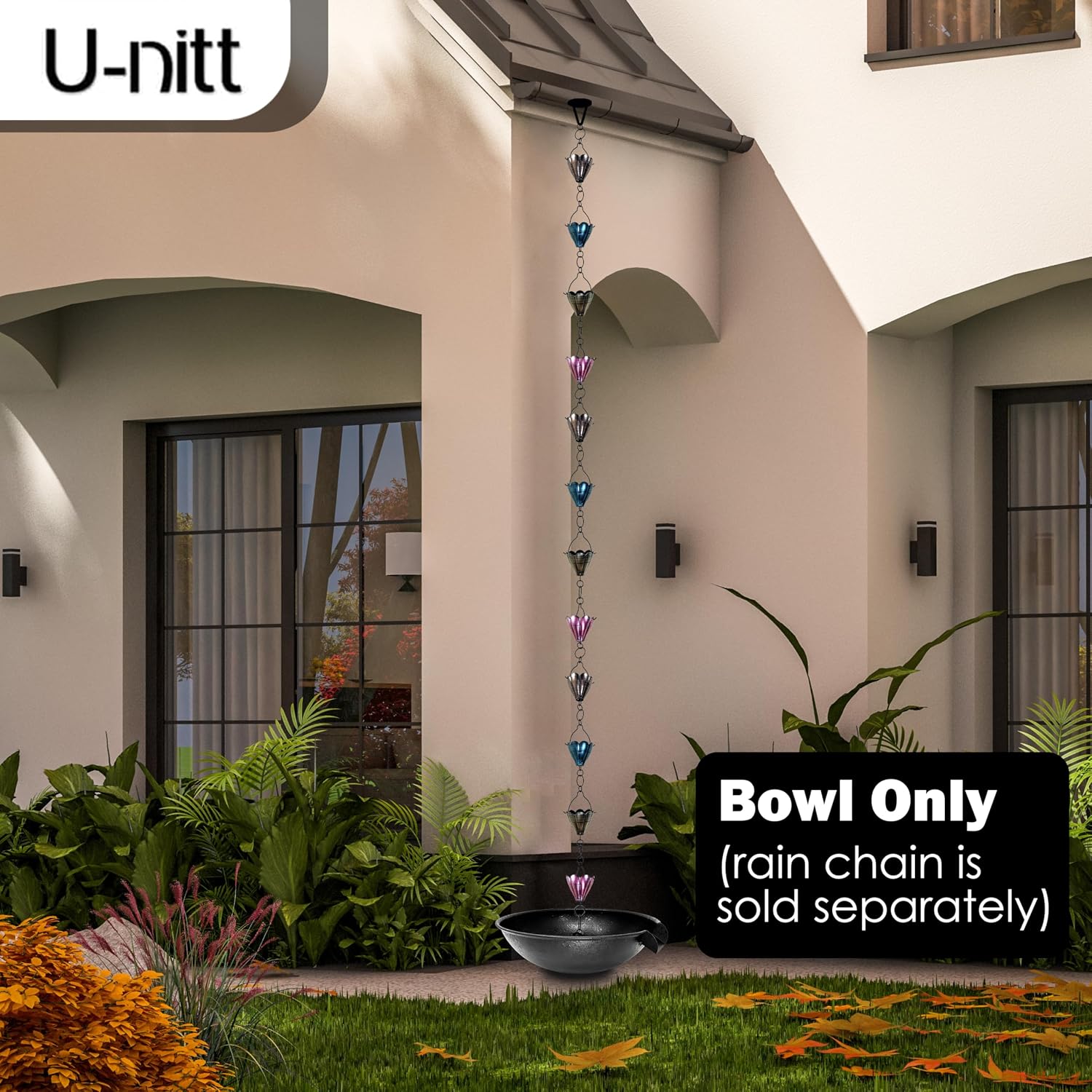 U-nitt 12" Spill Bowl Downspout Catch Basin for Rain Chain Anchoring & Stake | Rainwater Collection for Roof |Gutter