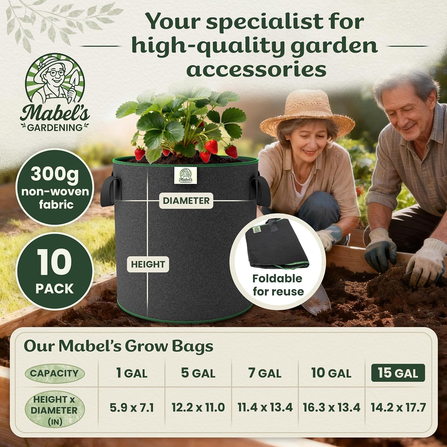 Mabel's Gardening 10-Pack 15 Gallon Grow Bags - Garden Planting Bags 17.7 x 14.2 INCH Made of 8.85 oz/yd² (300g/m²)