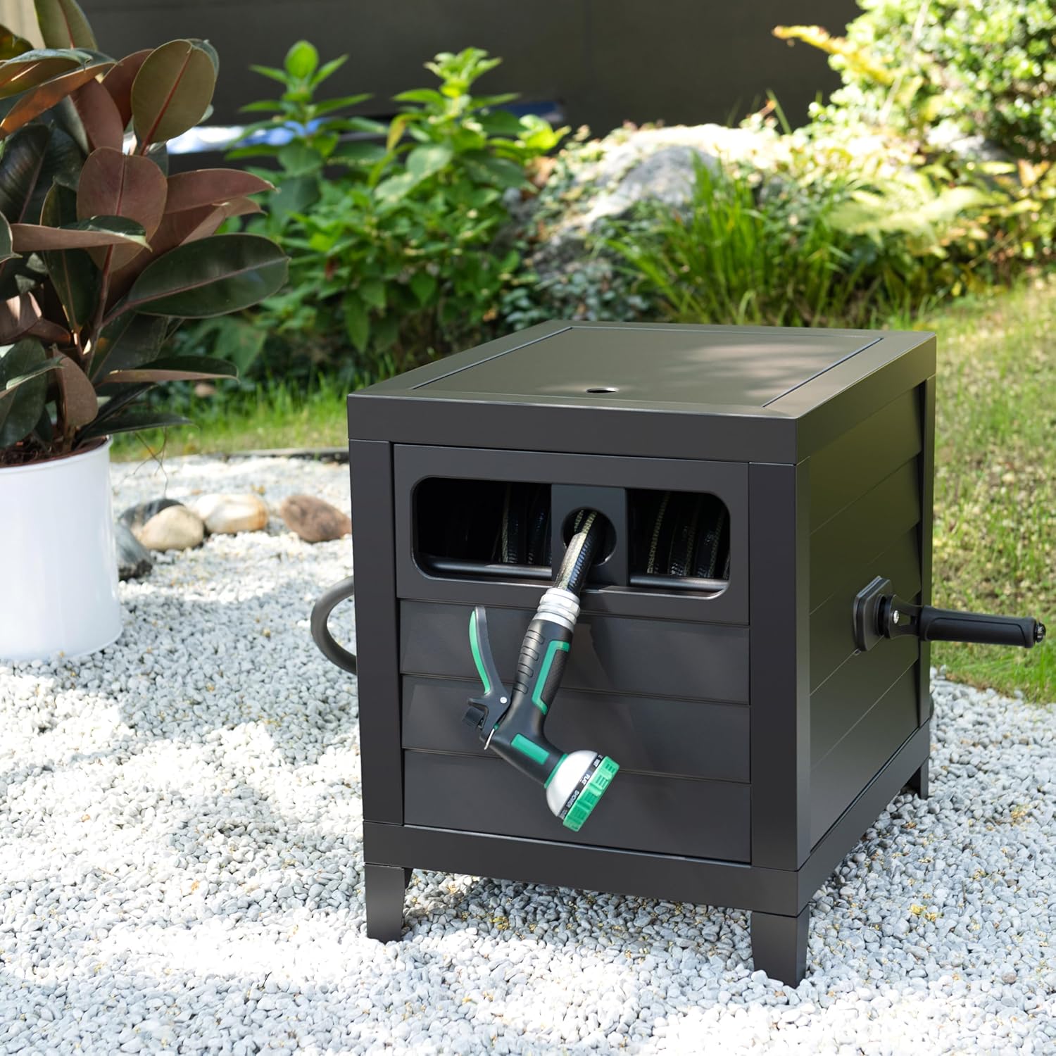 Metal Garden Hose Reel Deck box, Durable Steel Garden Hose Storage Box Cabinet, 150ft 5/8" Garden Hose Capacity. - Hose