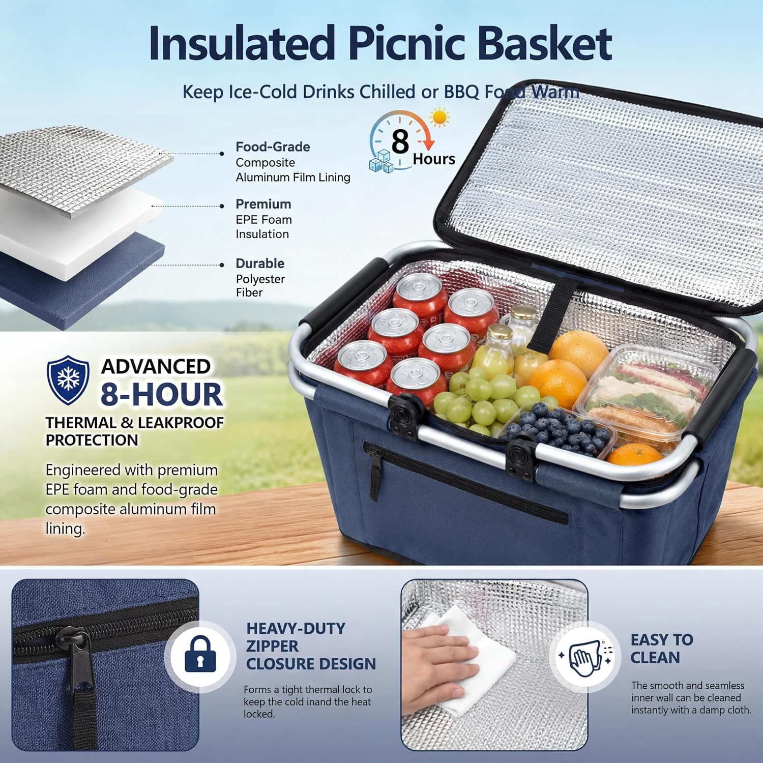 Picnic Basket, SIYUAN Collapsible Shopping Basket with Lid 27L Large Market Basket with Handles Reusable Folding