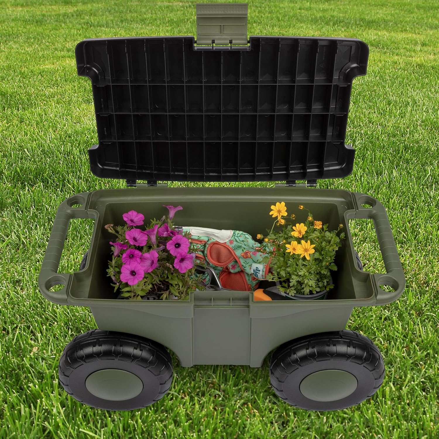 Pure Garden Rolling Garden Cart with Seat, Green | Plastic Garden Bench with Interior Tool Tray for Storage - Gardening