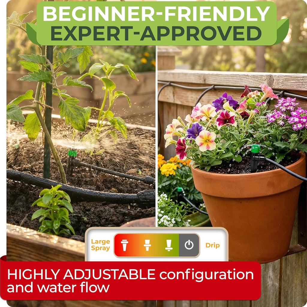 Quick Connect Drip Irrigation System Kit with Sprinkler, 100 feet | For Garden, Yard, Raised Beds, Plants, Lawn, with