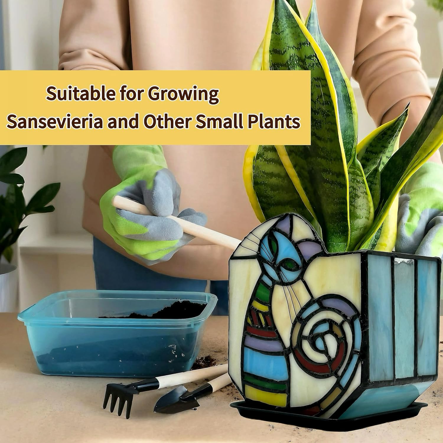 Stained Glass Cat Unique Plant Pot, Indoor Planter with Drainage and Tray,Succulent Plants Flower Pot,Cat Lover