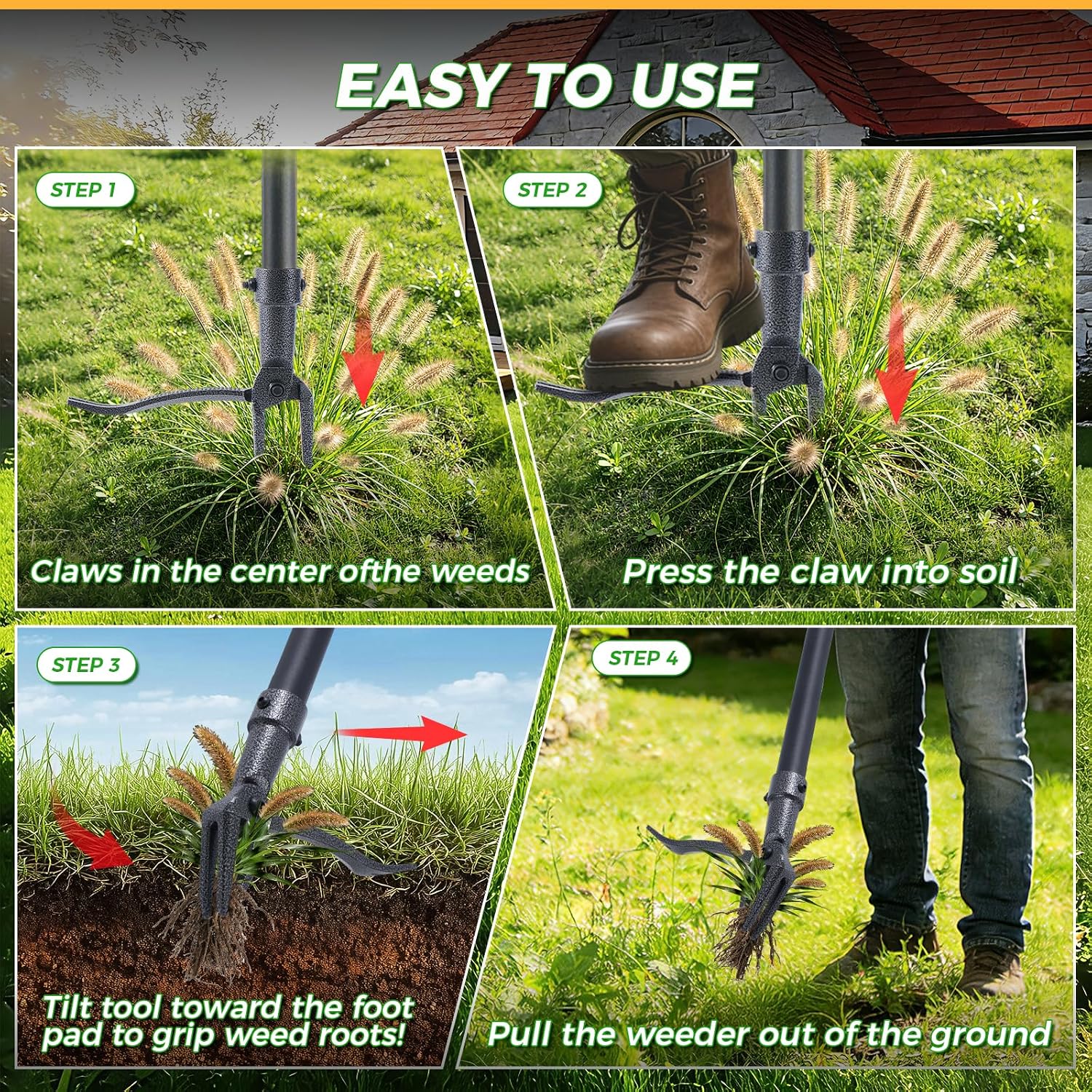 Stand Up Weed Puller Tool, 46" Adjustable All-Metal Long Handle Weeder with 4-Claw Steel Head, Remove Weeds by Roots