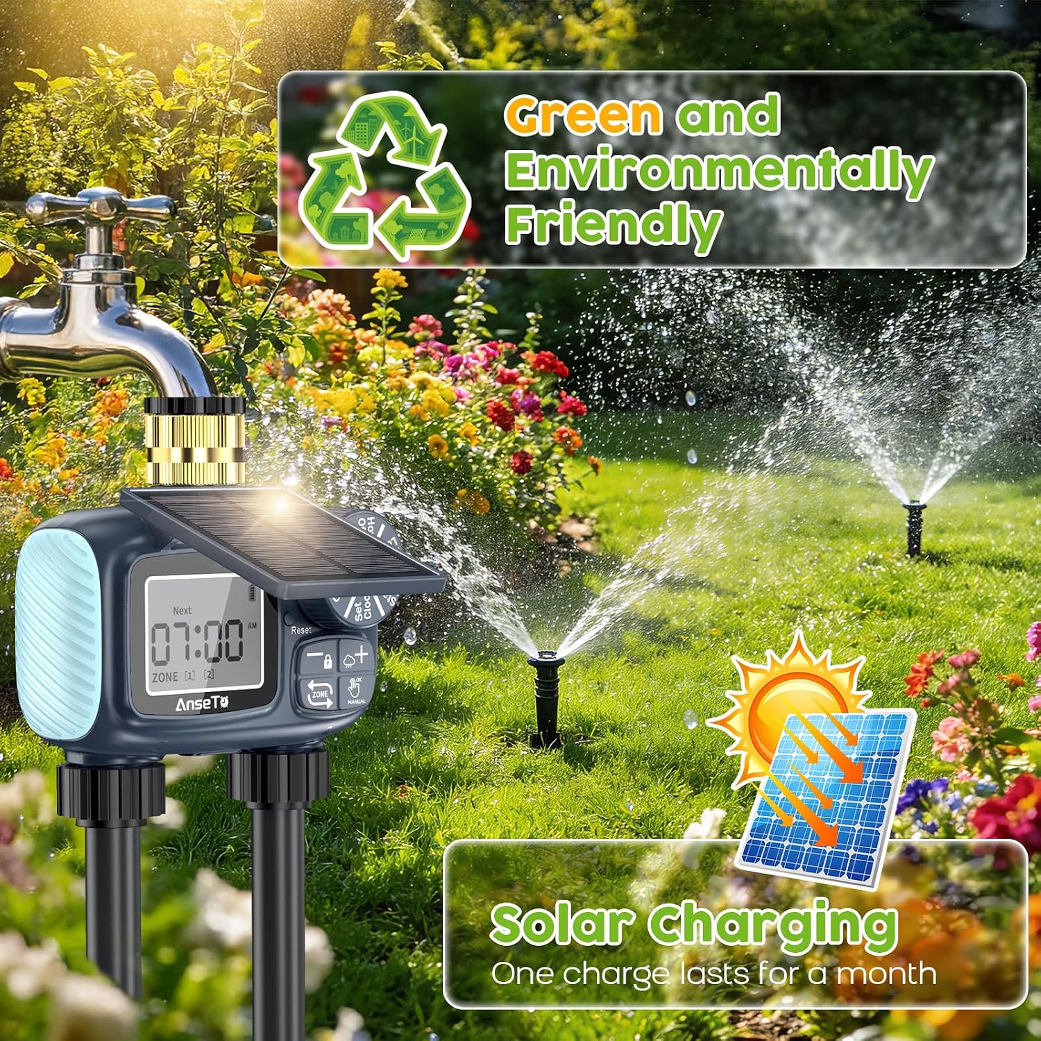 Solar Sprinkler Timer,2 Zone Brass Inlet Water Timer for Garden Hose | Programmable Intelligent Automatic Plant