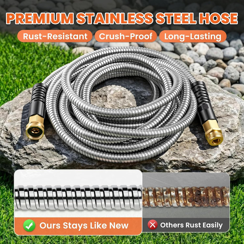 Cesun 100 ft Metal Garden Hose with 10 Function Nozzle, 100 foot x 5/8" | Heavy Duty Stainless Steel Water Hose