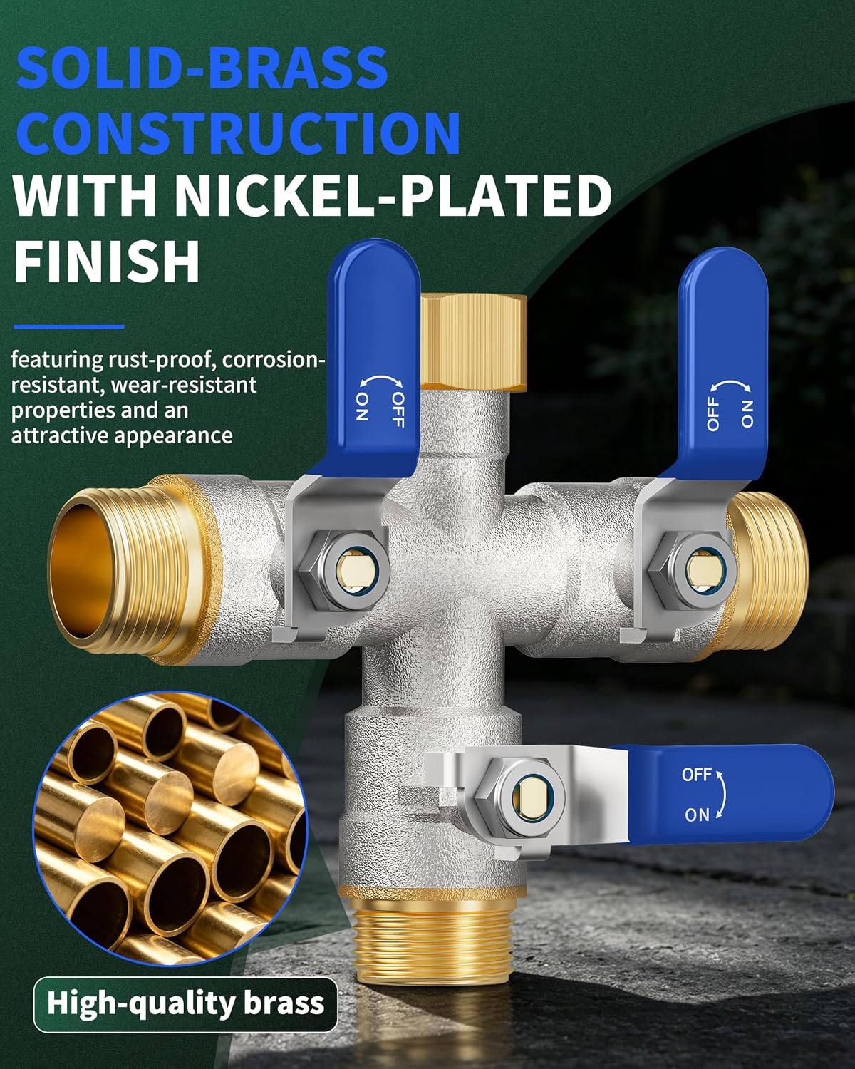 3 Way Hose Splitter, Heavy Duty Brass Garden Water Hose Splitter | Full Flow Design, Rust-Resistant Nickel-Plated