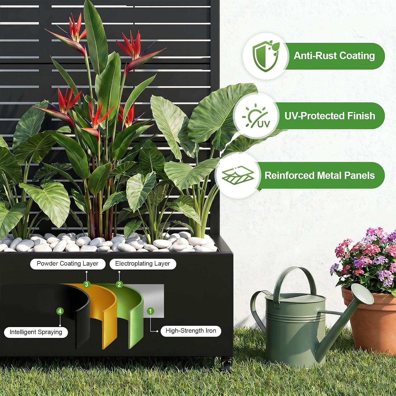 Casaphoria Metal Raised Garden Bed with Trellis and Wheels, 72"x47"x16" Planter Box for Climbing Plants, Vegetables &