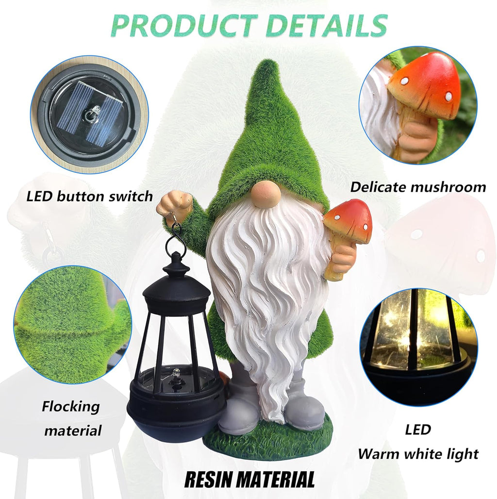 Solar Gnomes Garden Statues,Resin Gnome Figurine Holding Mushroom and Solar Lights Lantern,Outdoor Yard Art Decorations