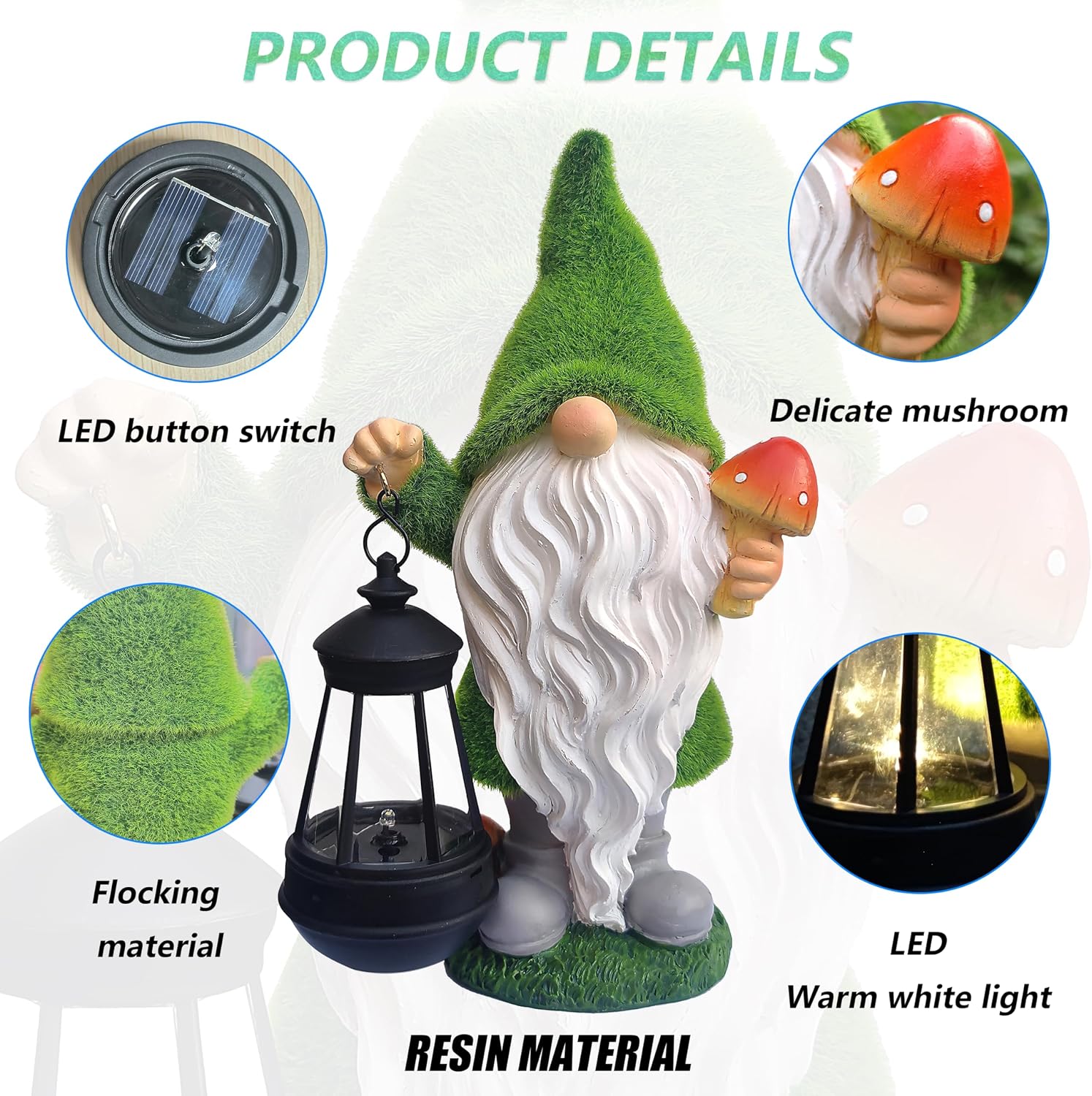 Solar Gnomes Garden Statues,Resin Gnome Figurine Holding Mushroom and Solar Lights Lantern,Outdoor Yard Art Decorations