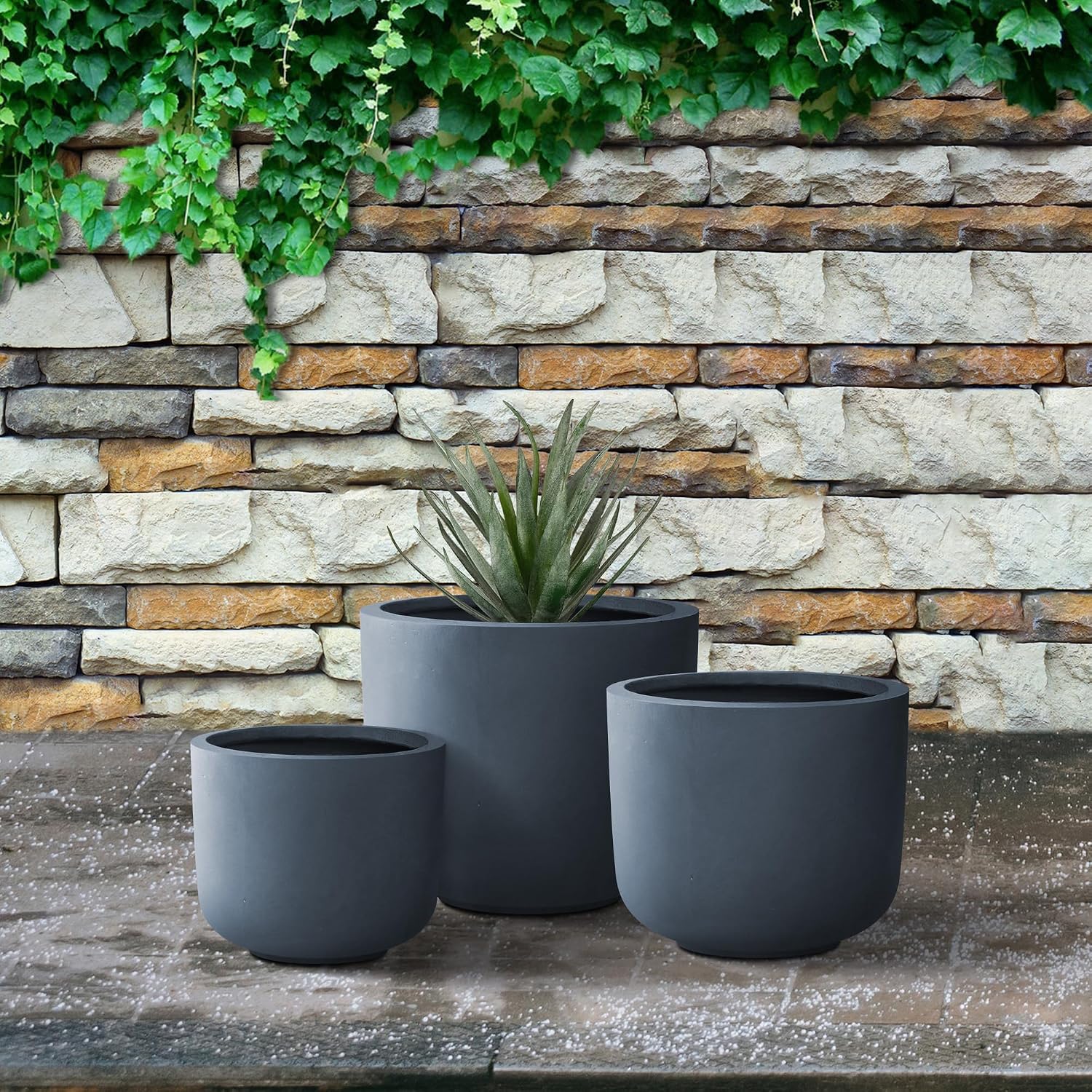 Kante Set of 3 Charcoal Concrete Capsule Planters 13.1" 11" 9" Dia | Drainage for Outdoor, Rubber Plug for Indoor Home