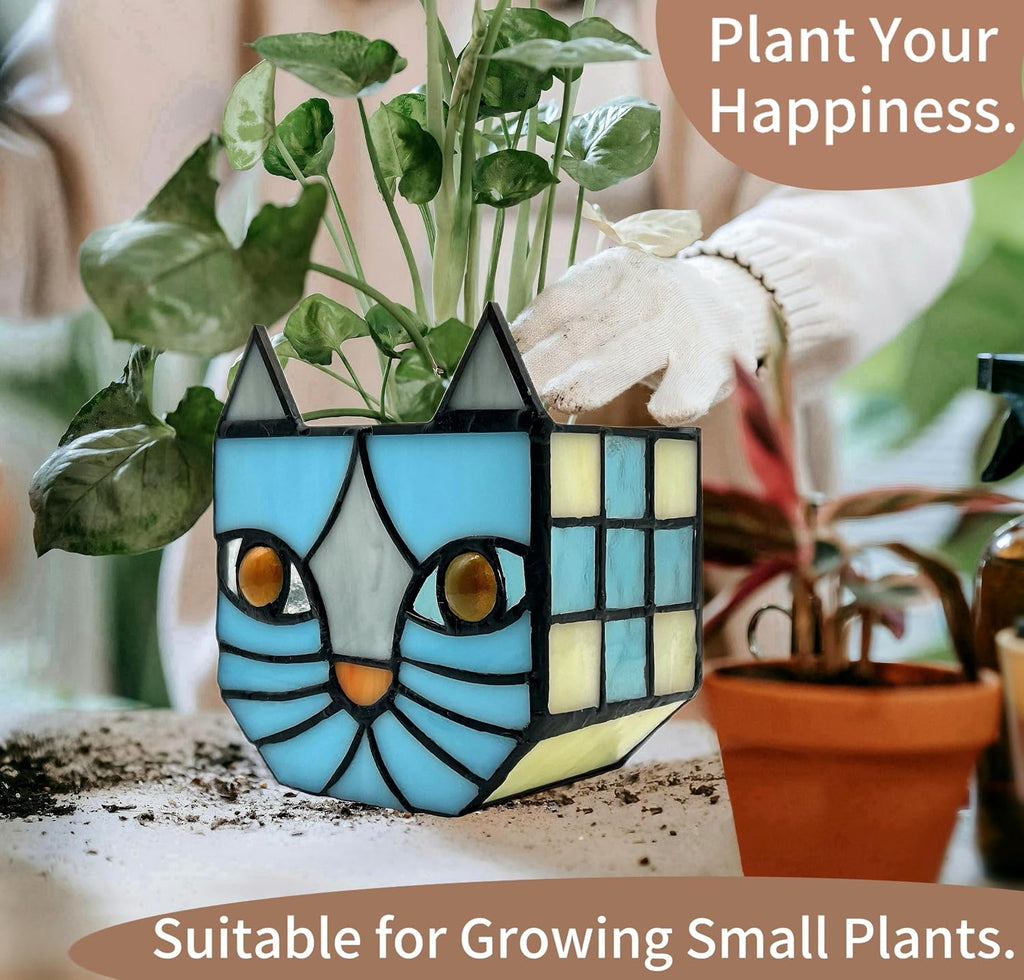 Stained Glass Blue Cat Planter,Plant pots with Drainage Holes, Plant Flower Pot for Houseplants and Succulents,Cute