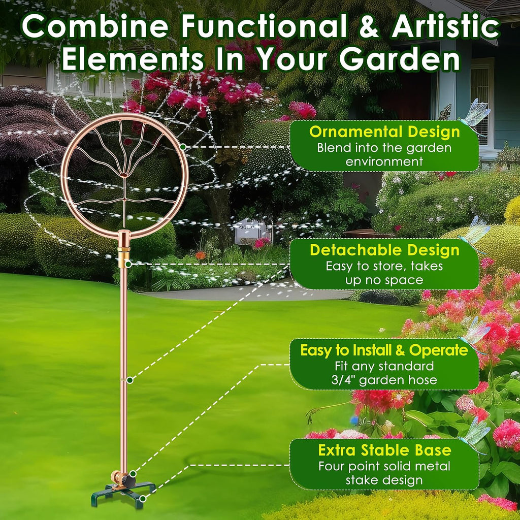 34" Ornamental Sprinkler, 360° Rotating, Wave Fan | Copper coated stainless steel, fits 3/4 in hose, 4-point stake