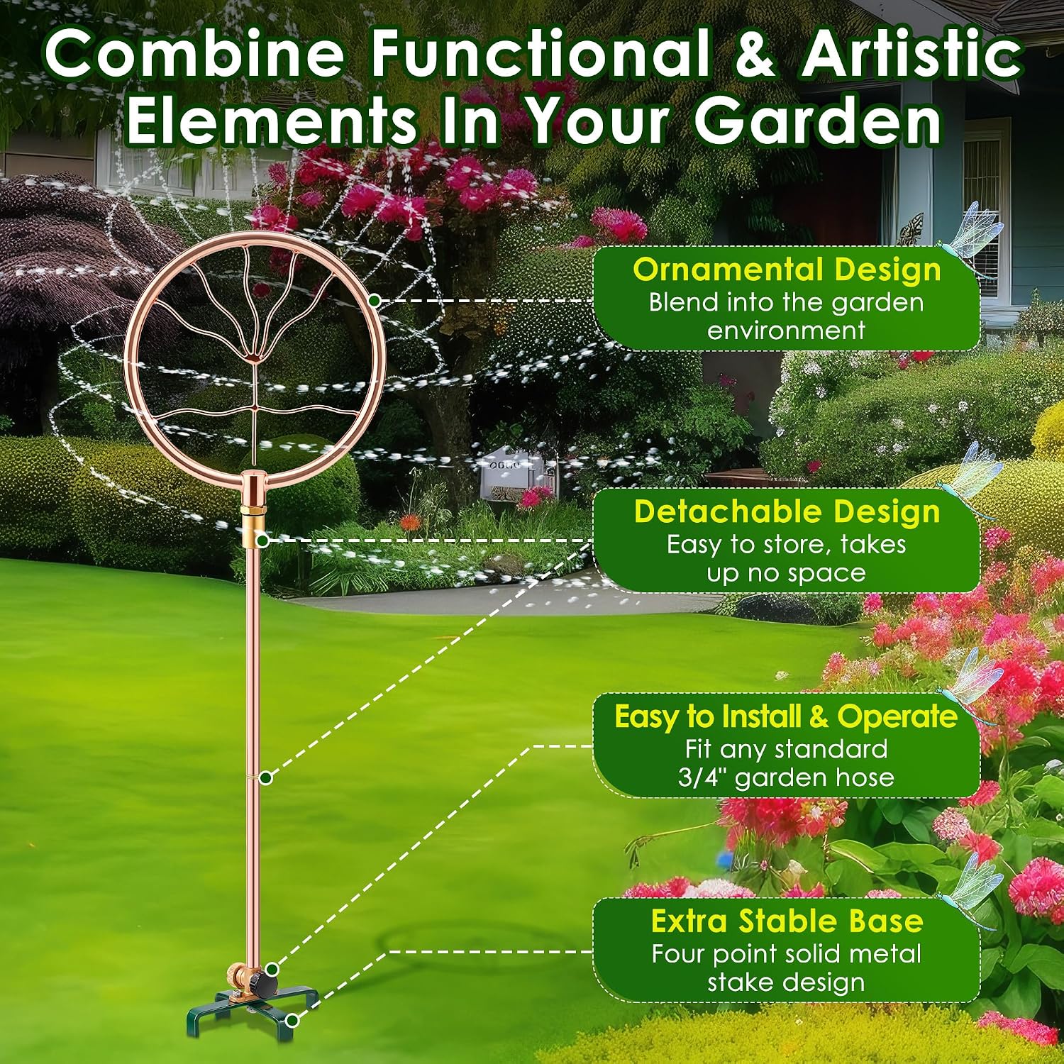 34" Ornamental Sprinkler, 360° Rotating, Wave Fan | Copper coated stainless steel, fits 3/4 in hose, 4-point stake