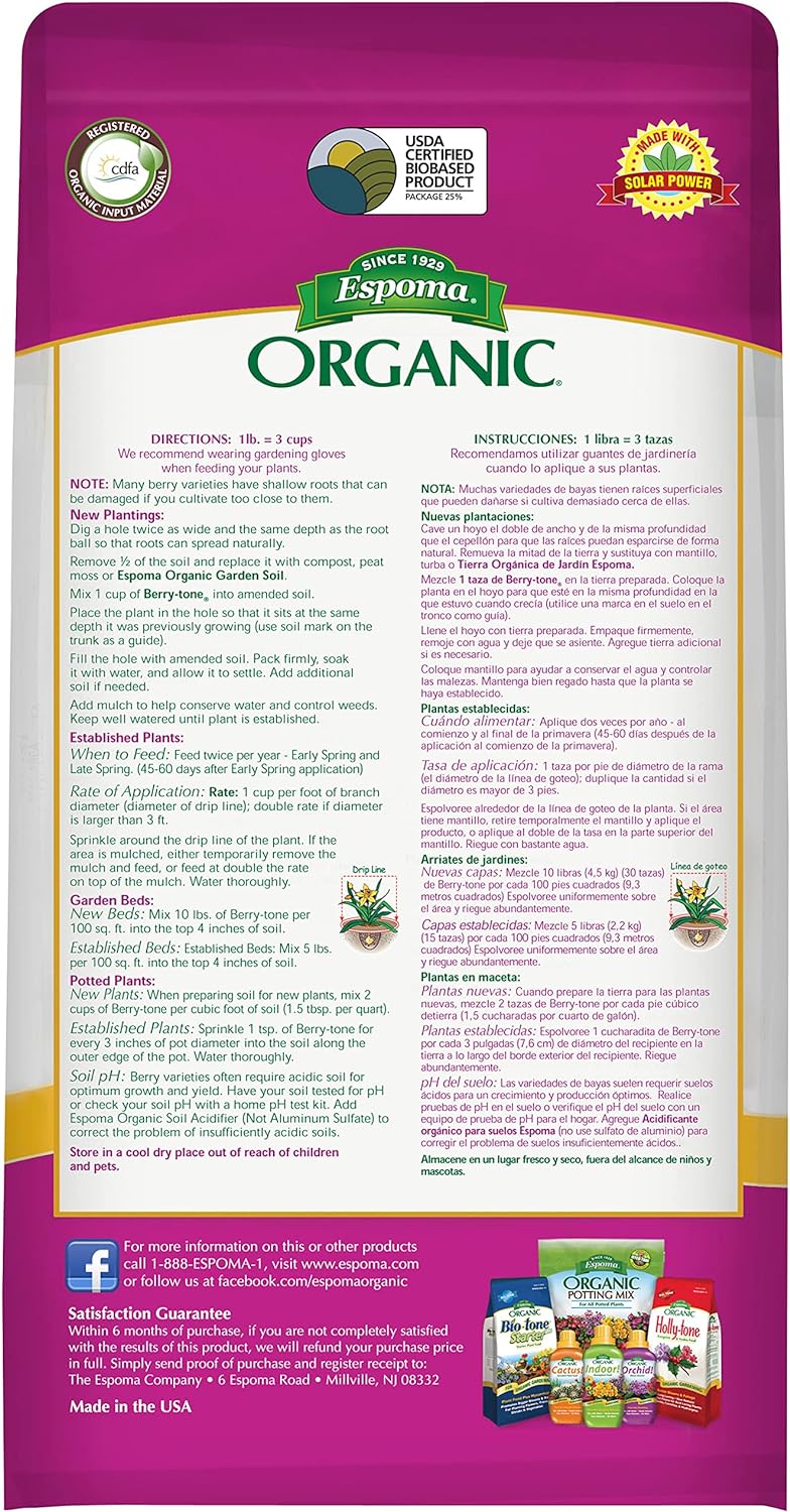 Espoma Organic Berry-Tone 4-3-4 Natural & Organic Fertilizer and Plant Food for All Berries. 4 lb. Bag. Use for