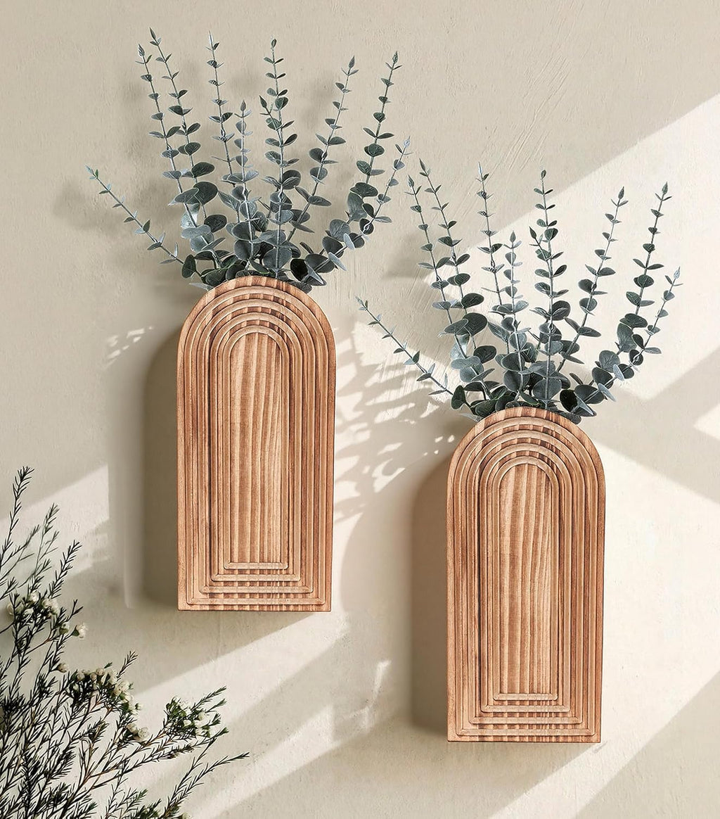 DREAMLOOM 2 Pack Wooden Wall Vases with Eucalyptus Artificial Plants, Wall Hanging Planters Boho Modern Farmhouse