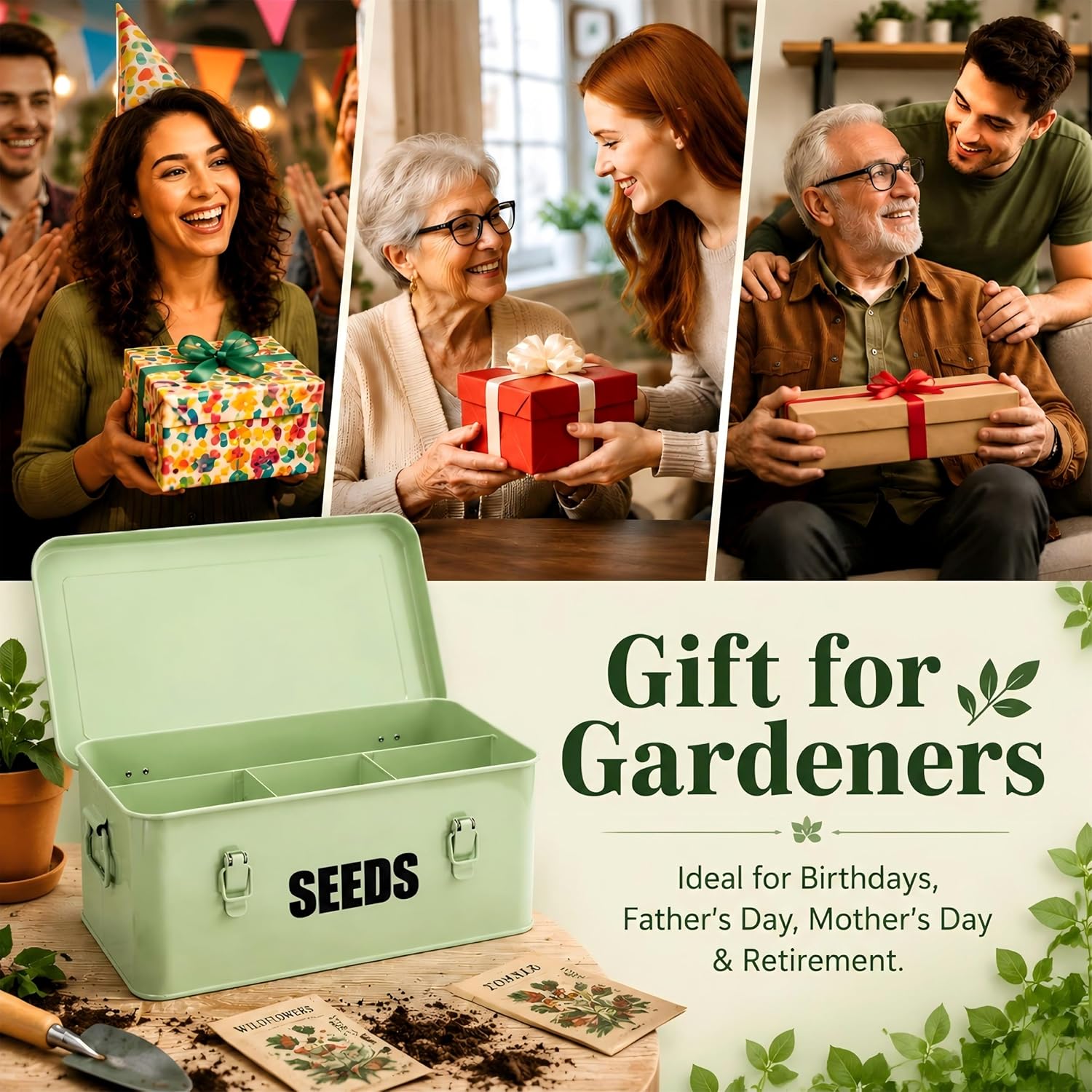 Seed Saving Box with 4 Compartments, Large Metal Seed Organizer Packet Container with Lid & Safety Locks, Garden Seed