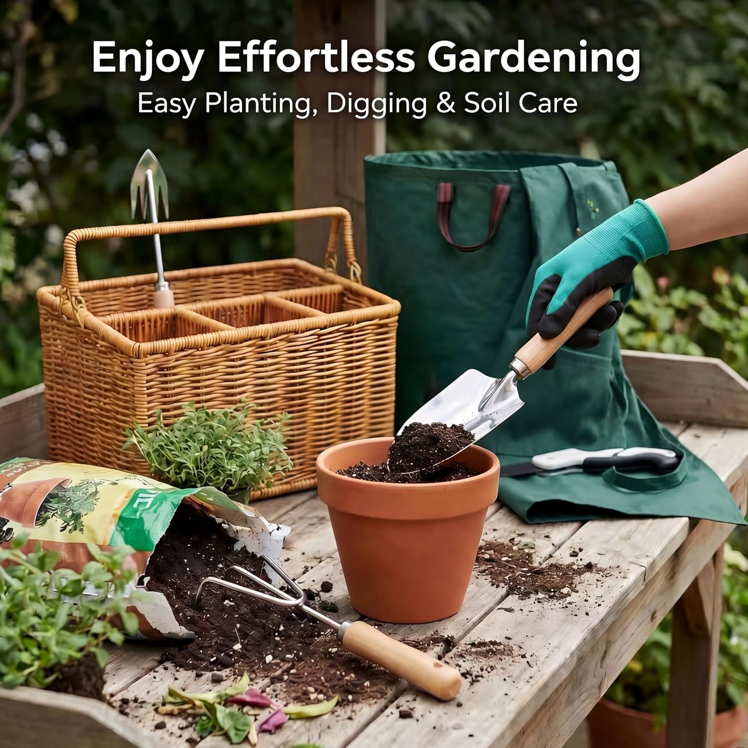 Garden Tool Set, Wicker Basket, Raised Bed Gardening, Women's Garden Gift | All-in-one gardening kit, wooden-handle