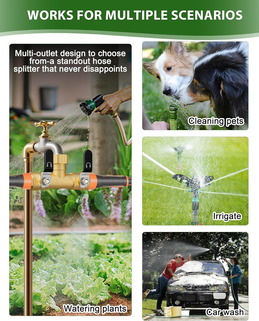 Hose Splitter 2 Way, Heavy Duty Brass Garden Hose Splitter, Water Hose Bib Spigot Splitter with 0.59" Full Flow Ball