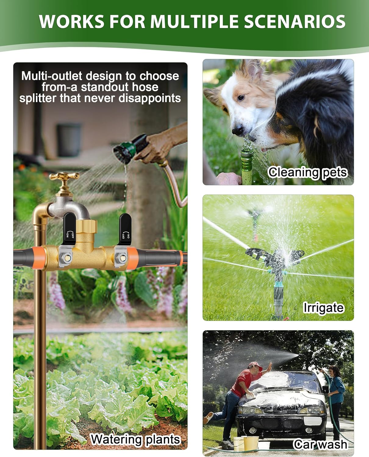 Hose Splitter 2 Way, Heavy Duty Brass Garden Hose Splitter, Water Hose Bib Spigot Splitter with 0.59" Full Flow Ball