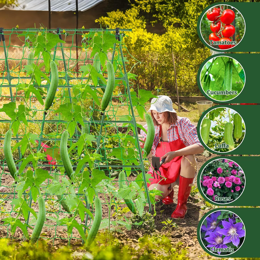 A-Frame Cucumber Trellis for Raised Bed - 63”H x 47”W, Heavy-Duty Detachable Garden Trellis with Netting & Clips