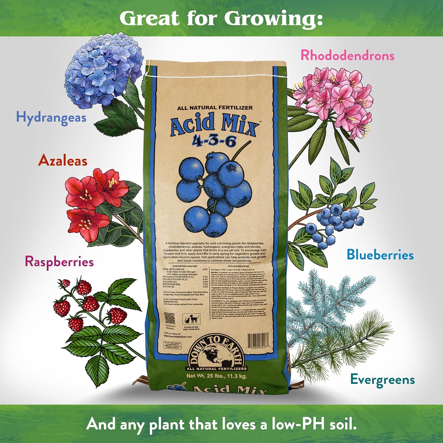 Down To Earth All Natural Fertilizers Organic Acid Mix - 4-3-6, 25 lb | Plant Food for Blueberries, Raspberries
