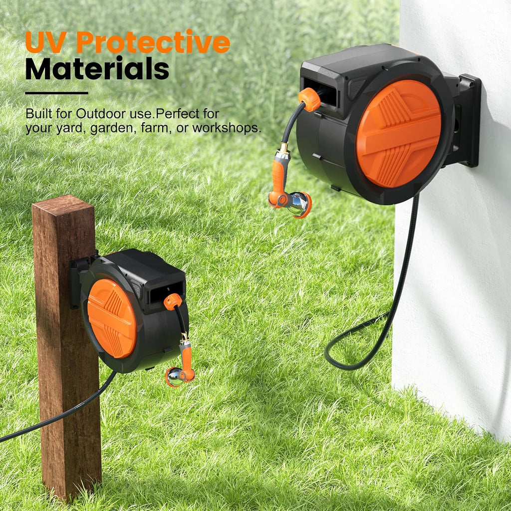 Retractable Garden Hose Reel 1/2” x 100ft, Auto Rewind Hose Reels for Outside, Heavy-Duty Wall-Mounted Outdoor Hose