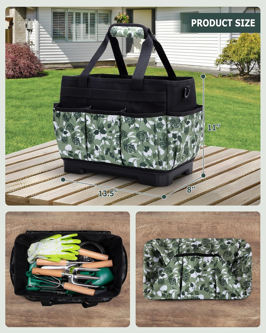 Marscamd Garden Tool Bag with Hard Bottom, Garden Tote with Shoulder Strap | Multiple Pockets, No Accessories Included