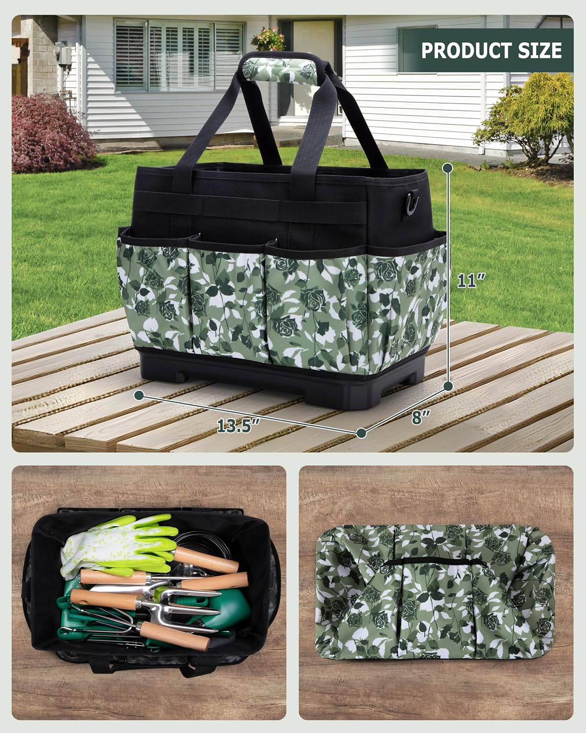 Marscamd Garden Tool Bag with Hard Bottom, Garden Tote with Shoulder Strap | Multiple Pockets, No Accessories Included