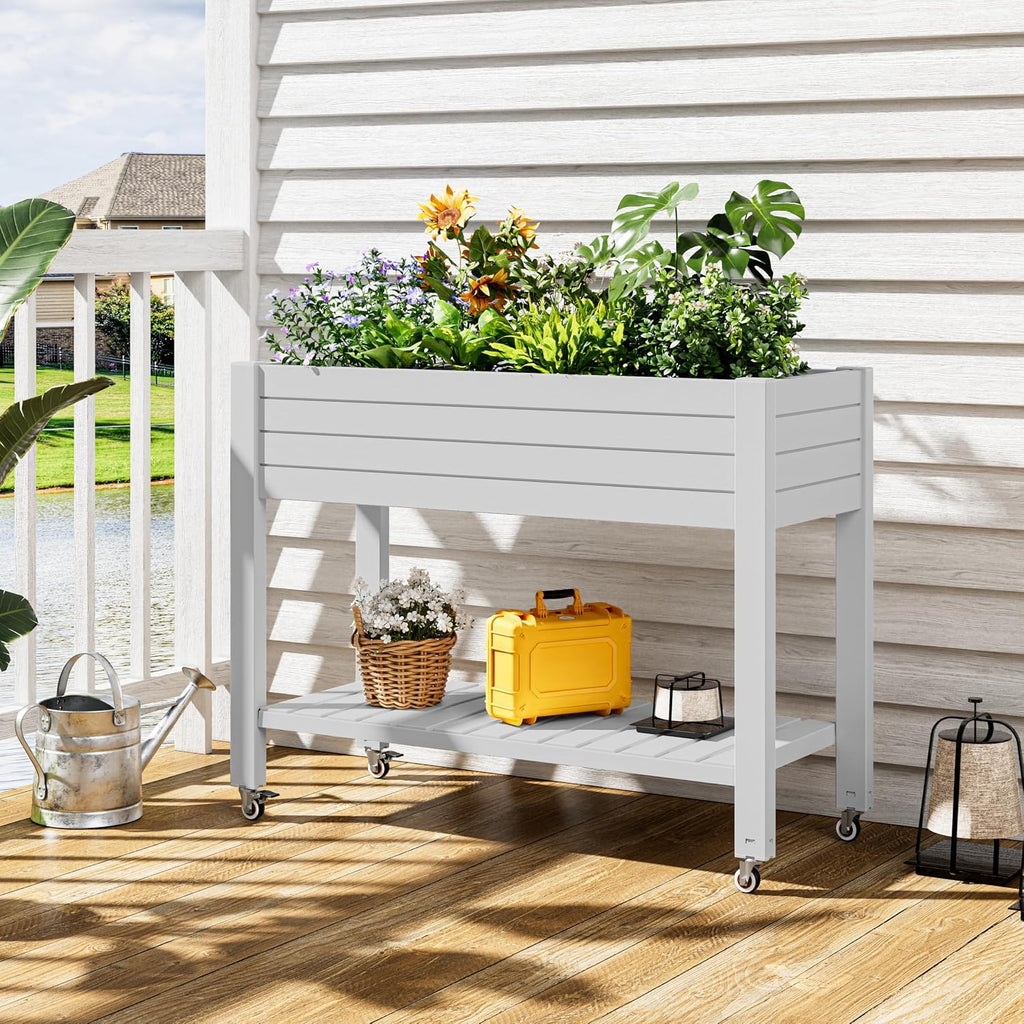 Elevate 33.7" Tall Raised Garden Bed with Wheels, Divisible Resin Planter Box with Drainage Gauge & Storage Shelf, Herb
