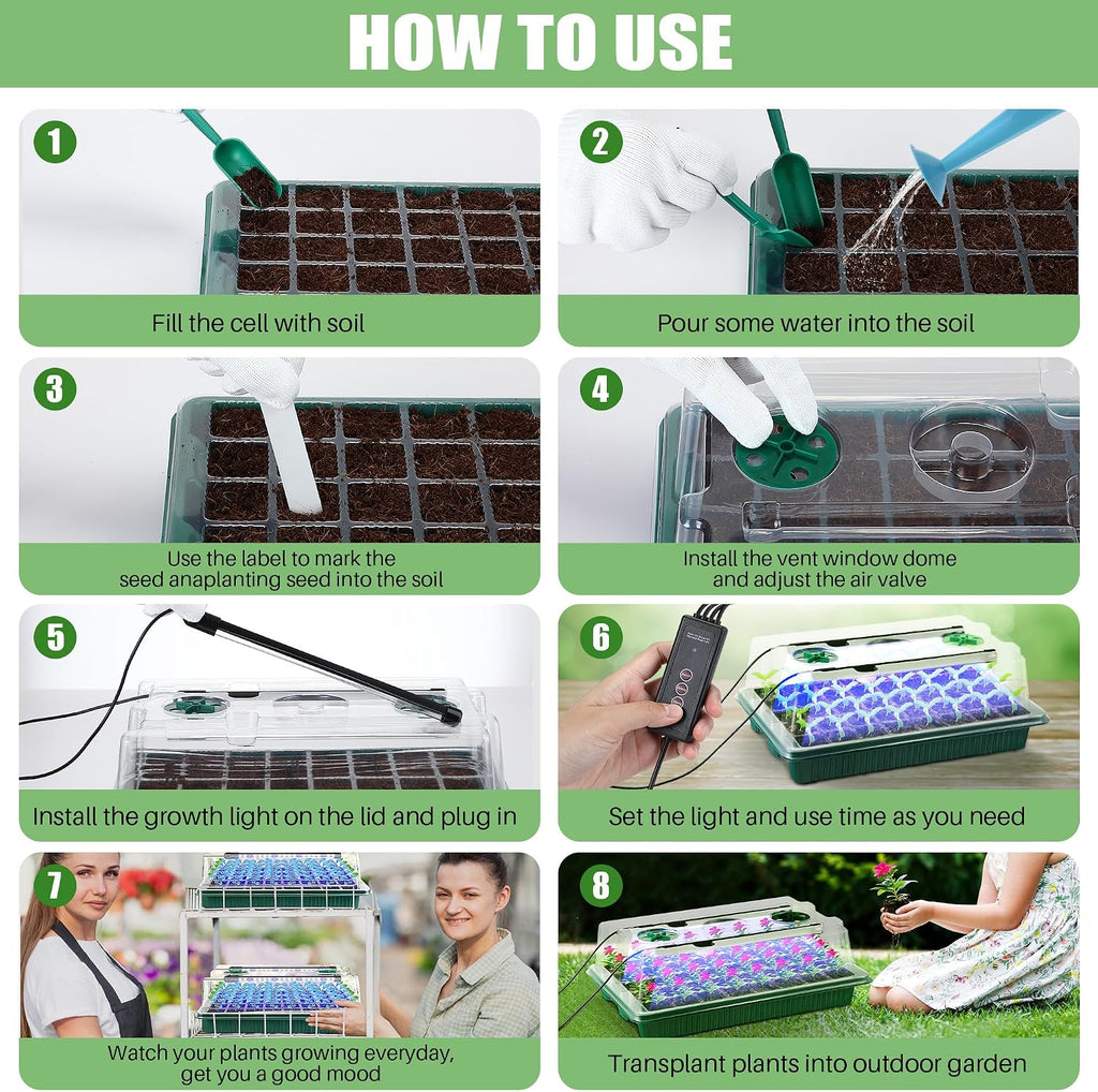 2 Pack Seed Starter Tray with Grow Light, 80 Cell Indoor Greenhouse Seed Starting Set with Humidity Dome, 360° Full