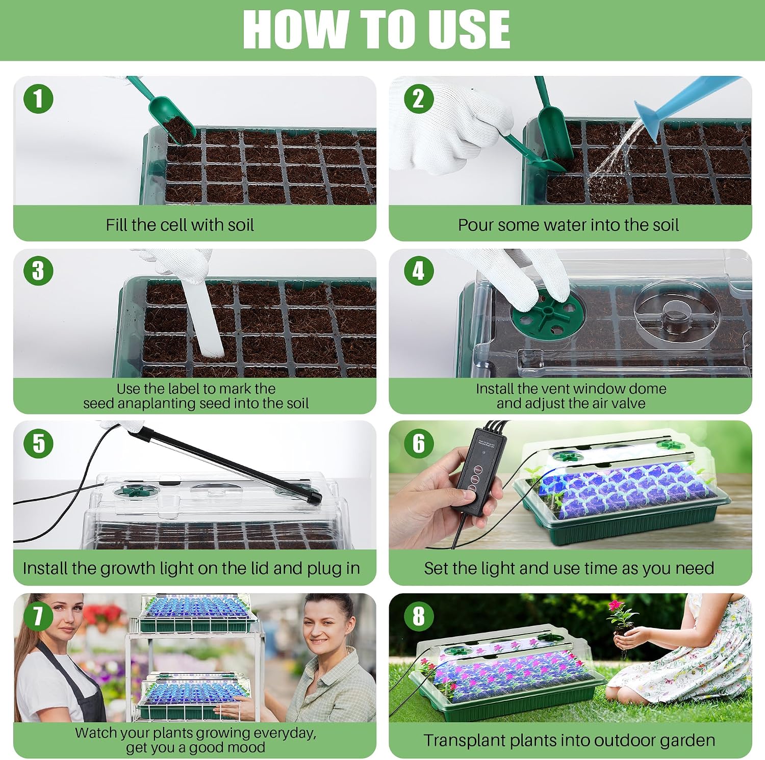 2 Pack Seed Starter Tray with Grow Light, 80 Cell Indoor Greenhouse Seed Starting Set with Humidity Dome, 360° Full