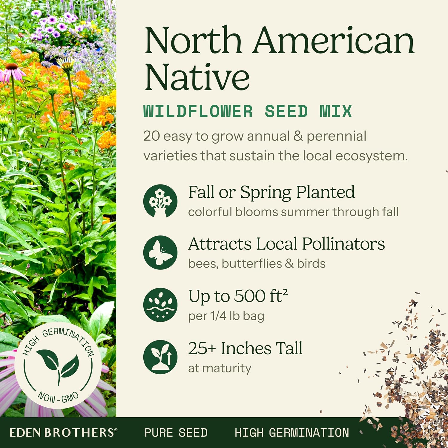 Eden Brothers North American Native Wildflower Mixed Seeds for Planting, 5 lb, 2,400,000+ Seeds with Birds Eyes, Lupine