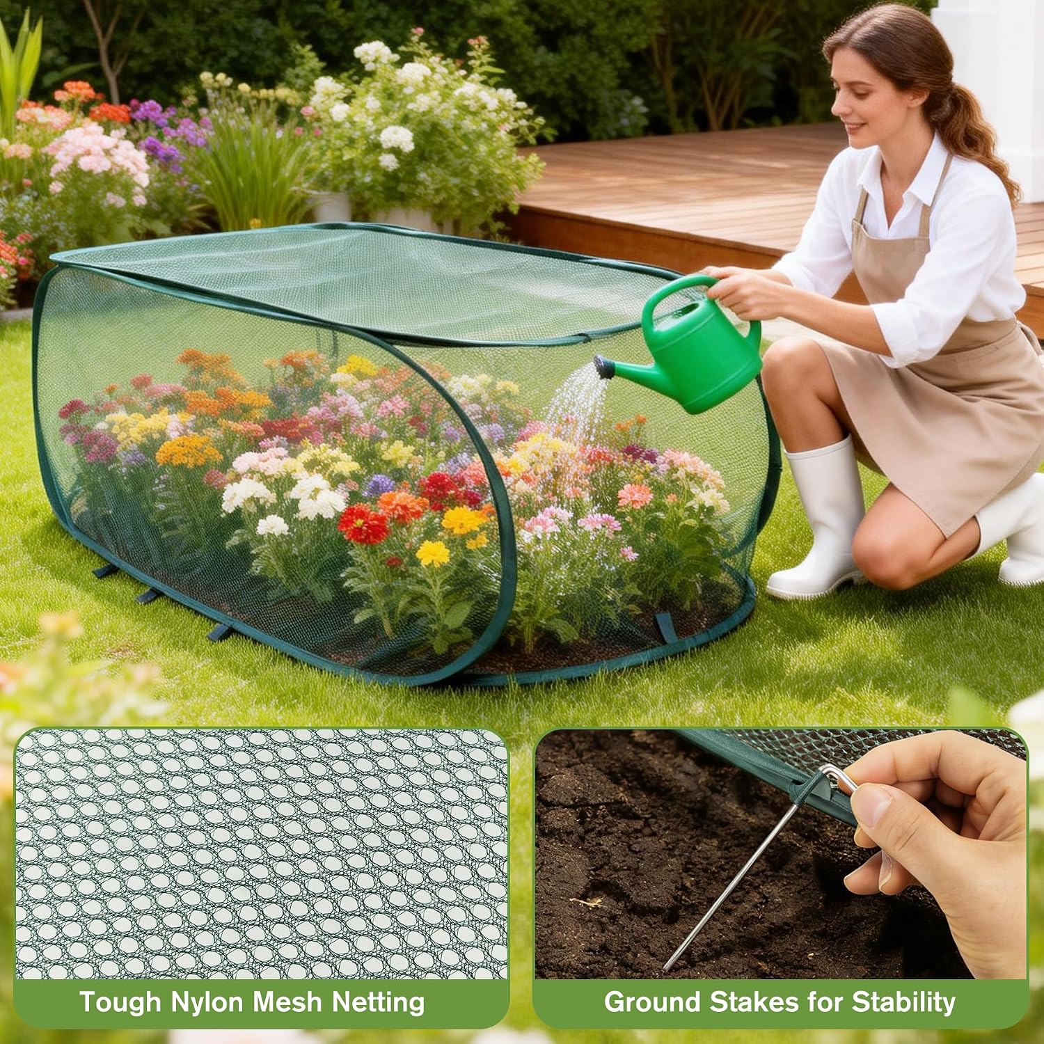 8Pack Garden Covers for Raised Beds, Reusable Pop Up Mesh Plant Covers with Ground Nails, Lightweight Outdoor Crop Cage