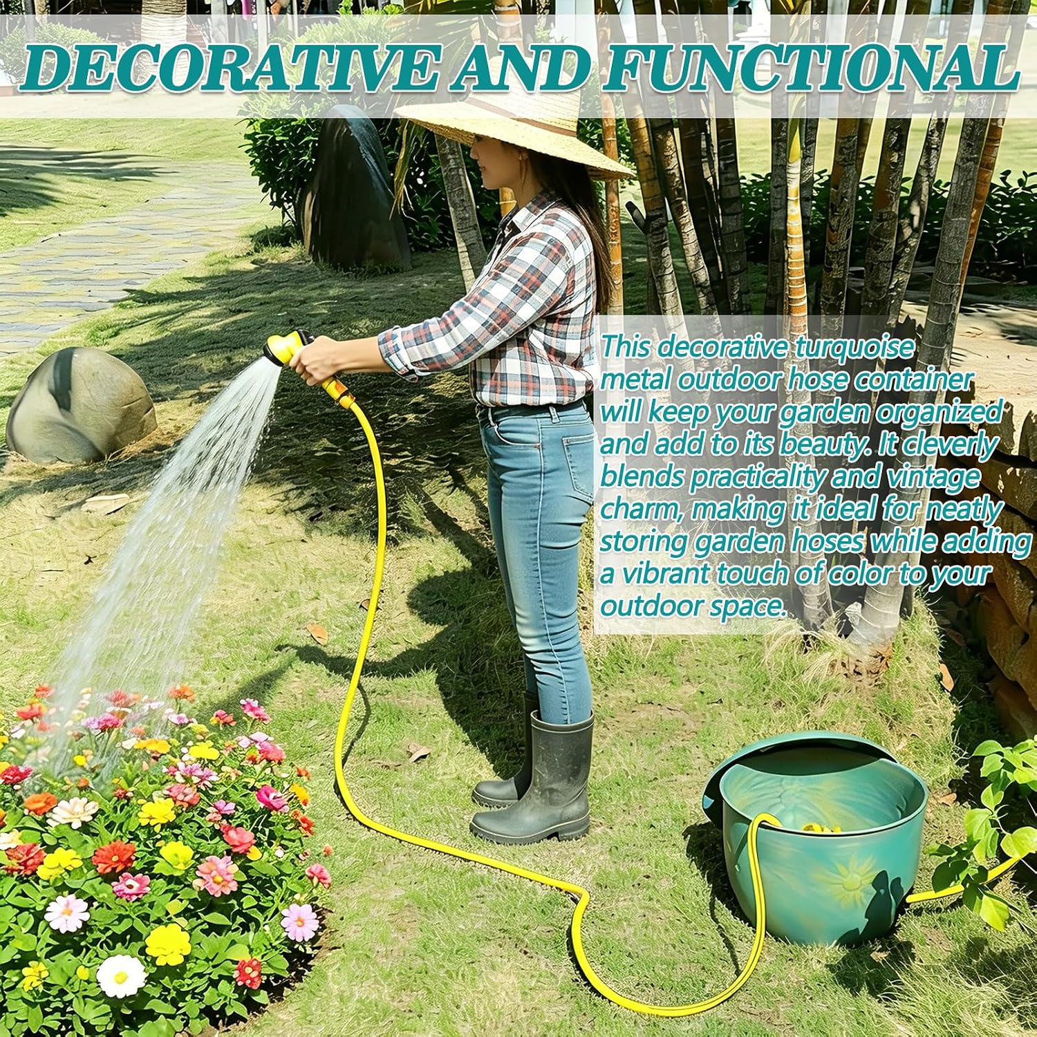 Metal Garden Hose Holder Storage Pot with Lid,Hose Pot for Outside | Holds Up To 100ft Hoses,Outdoor or